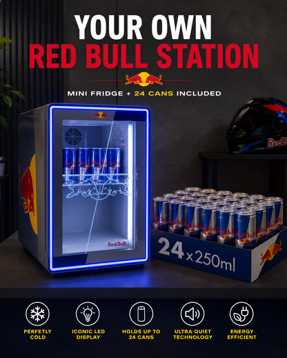 LED Mini Fridge + 24 Red Bull Included