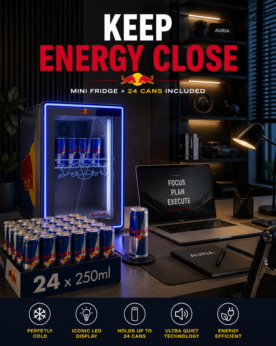LED Mini Fridge + 24 Red Bull Included