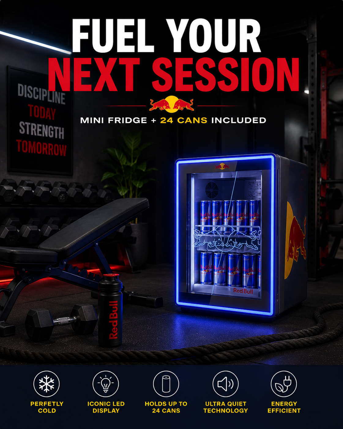 LED Mini Fridge + 24 Red Bull Included