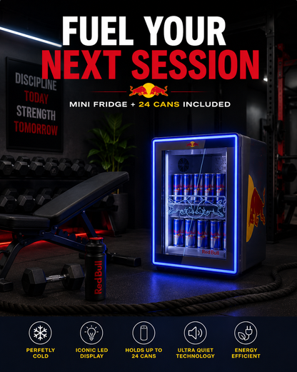 LED Mini Fridge + 24 Red Bull Included