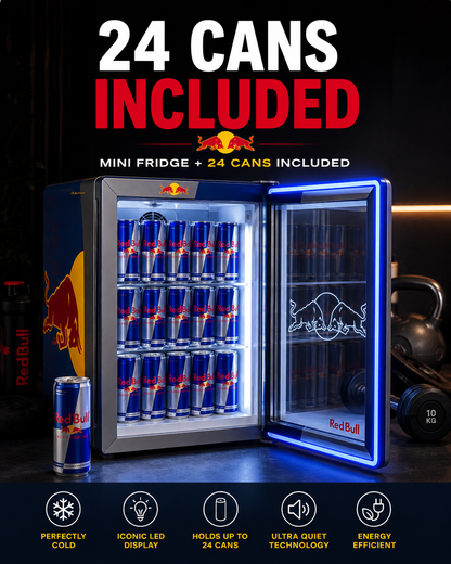 LED Mini Fridge + 24 Red Bull Included