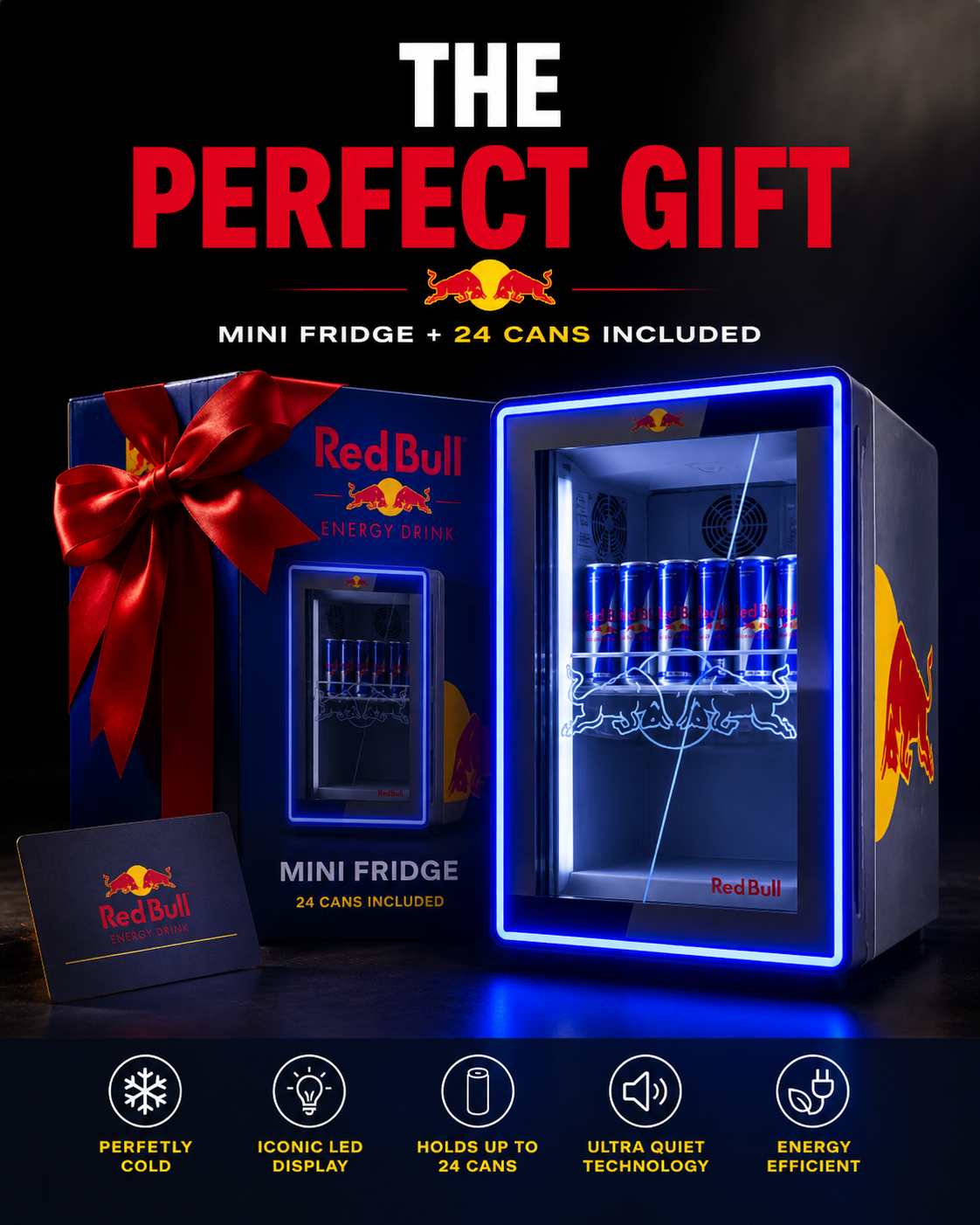 LED Mini Fridge + 24 Red Bull Included