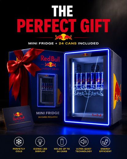 LED Mini Fridge + 24 Red Bull Included