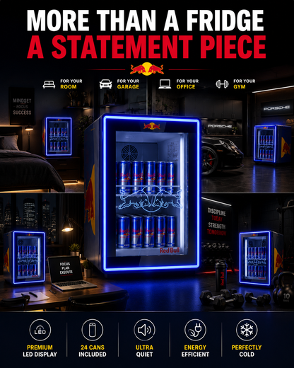 LED Mini Fridge + 24 Red Bull Included