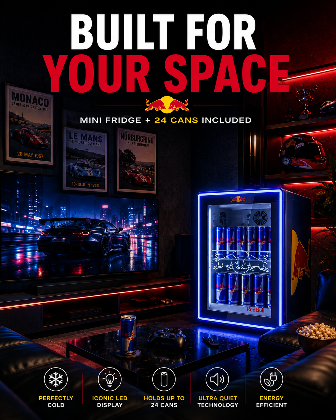 LED Mini Fridge + 24 Red Bull Included