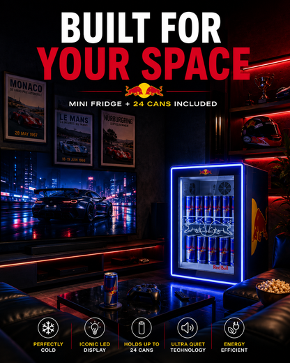 LED Mini Fridge + 24 Red Bull Included